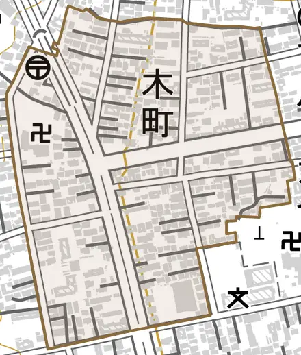 木町とその周辺の地図。町の範囲を重ねている