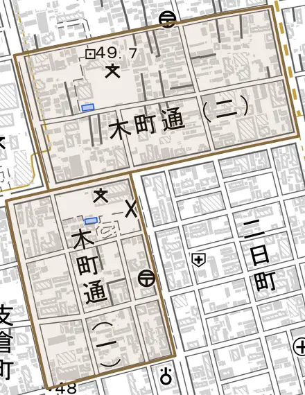 木町通とその周辺の地図。町の範囲を重ねている