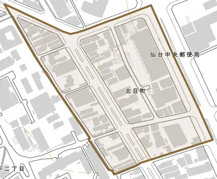 北目町とその周辺の地図。町の範囲を重ねている