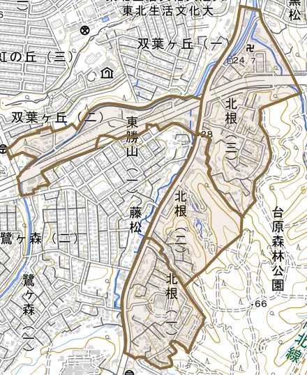 北根とその周辺の地図。町の範囲を重ねている