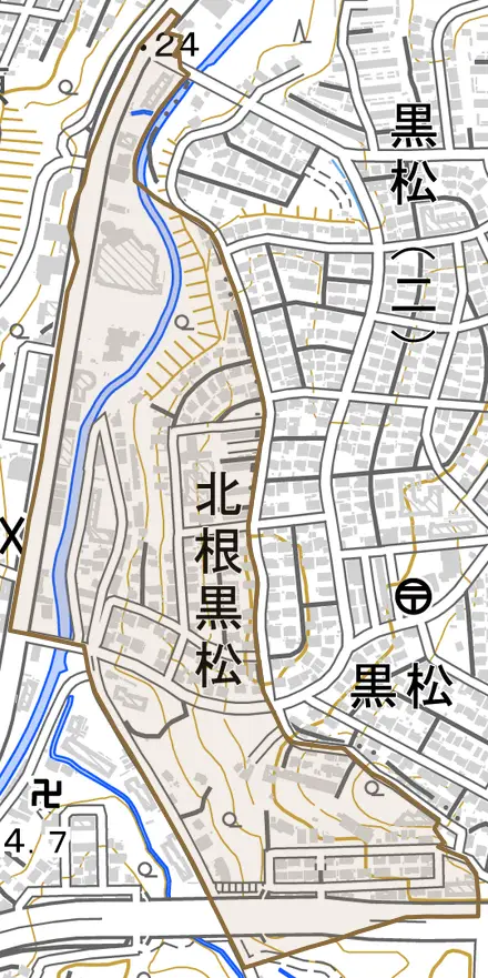 北根黒松とその周辺の地図。町の範囲を重ねている