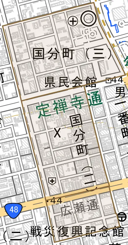 国分町とその周辺の地図。町の範囲を重ねている
