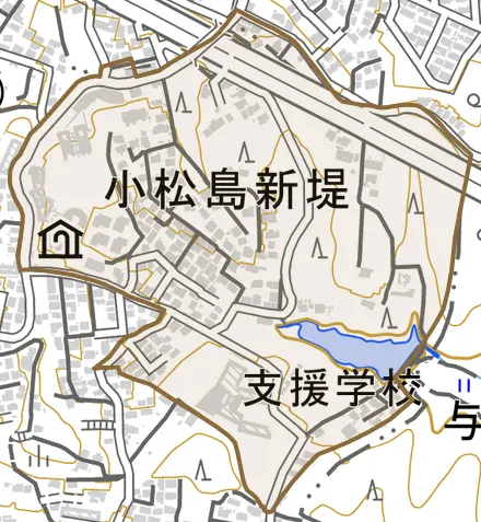 小松島新堤とその周辺の地図。町の範囲を重ねている
