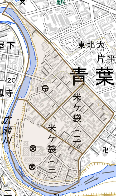 米ケ袋とその周辺の地図。町の範囲を重ねている