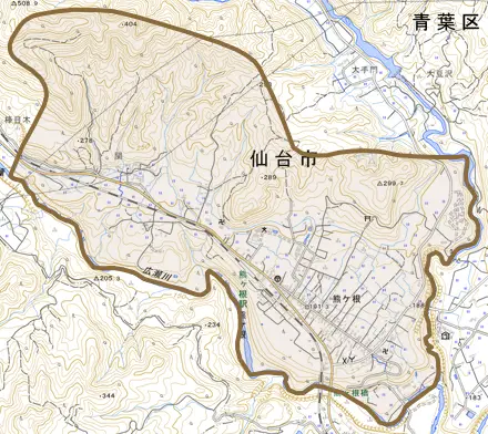 熊ケ根とその周辺の地図。町の範囲を重ねている