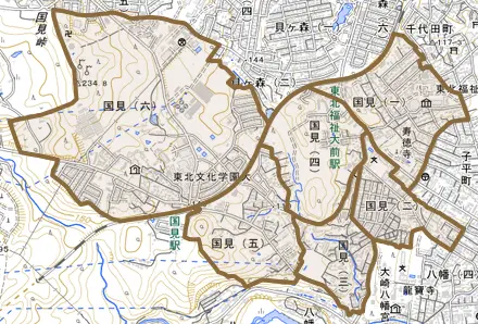 国見とその周辺の地図。町の範囲を重ねている