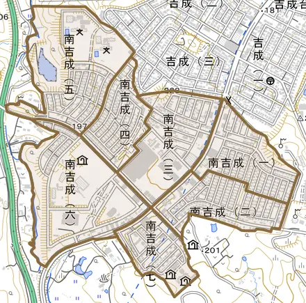 南吉成とその周辺の地図。町の範囲を重ねている