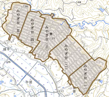 みやぎ台とその周辺の地図。町の範囲を重ねている