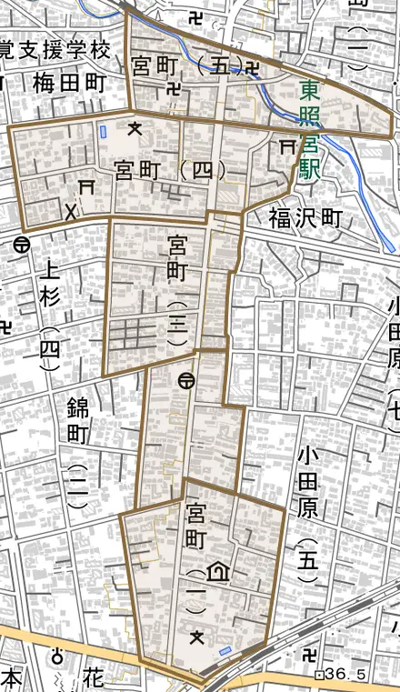 宮町とその周辺の地図。町の範囲を重ねている