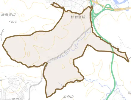 茂庭とその周辺の地図。町の範囲を重ねている