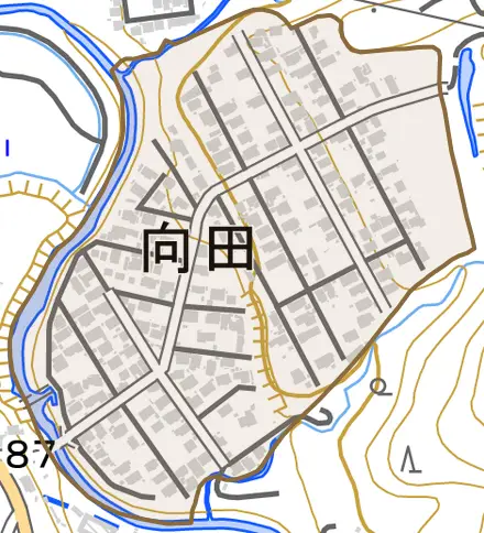 向田とその周辺の地図。町の範囲を重ねている