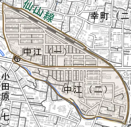 中江とその周辺の地図。町の範囲を重ねている