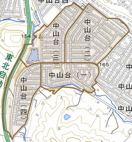 中山台とその周辺の地図。町の範囲を重ねている