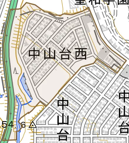 中山台西とその周辺の地図。町の範囲を重ねている