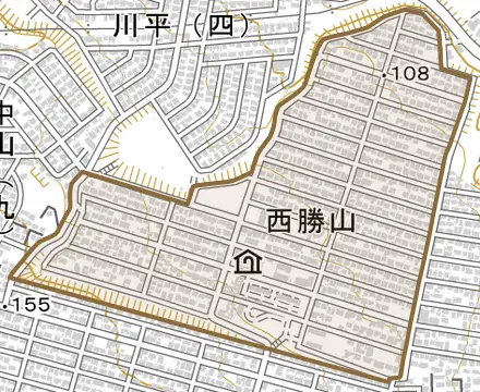 西勝山とその周辺の地図。町の範囲を重ねている