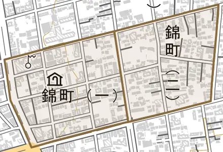 錦町とその周辺の地図。町の範囲を重ねている