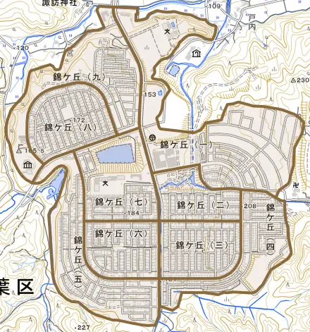 錦ケ丘とその周辺の地図。町の範囲を重ねている