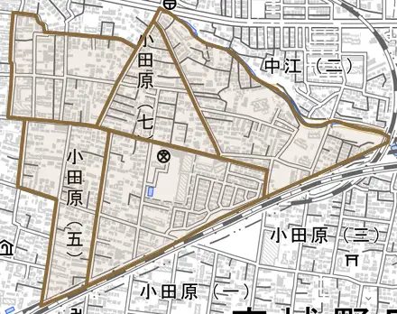 小田原とその周辺の地図。町の範囲を重ねている