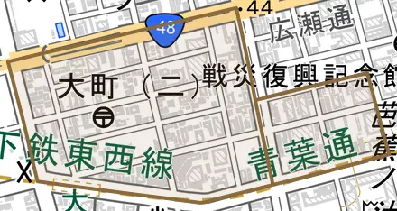 大町とその周辺の地図。町の範囲を重ねている