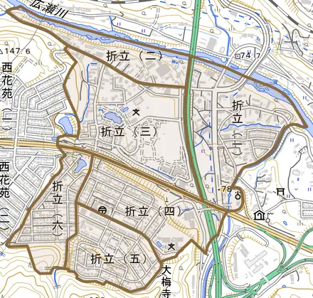 折立とその周辺の地図。町の範囲を重ねている