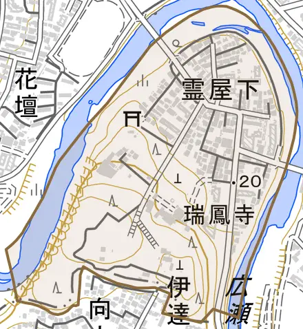 霊屋下とその周辺の地図。町の範囲を重ねている