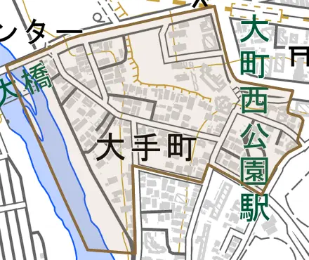 大手町とその周辺の地図。町の範囲を重ねている