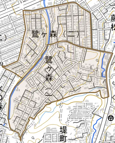 鷺ケ森とその周辺の地図。町の範囲を重ねている