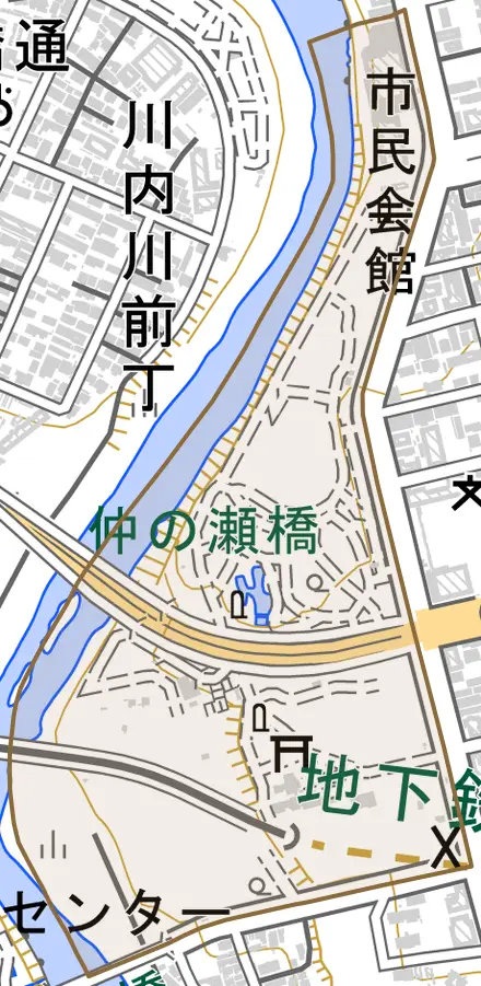 桜ケ岡公園とその周辺の地図。町の範囲を重ねている