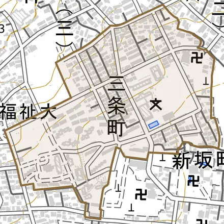 三条町とその周辺の地図。町の範囲を重ねている