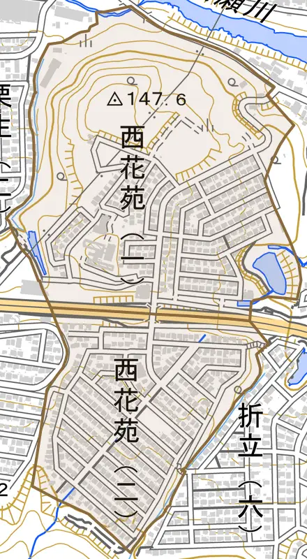 西花苑とその周辺の地図。町の範囲を重ねている
