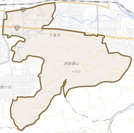 下愛子とその周辺の地図。町の範囲を重ねている