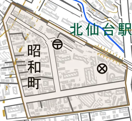 昭和町とその周辺の地図。町の範囲を重ねている