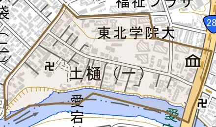 土樋とその周辺の地図。町の範囲を重ねている