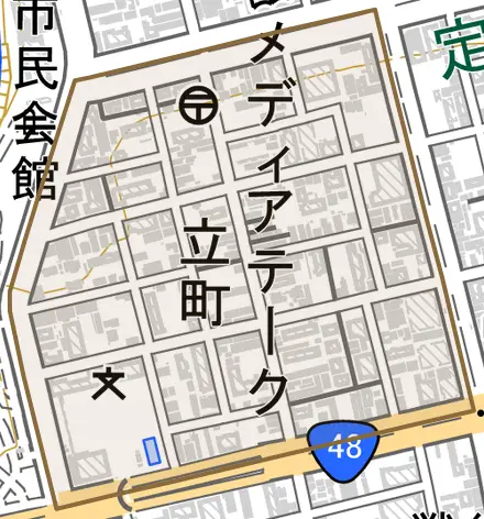立町とその周辺の地図。町の範囲を重ねている
