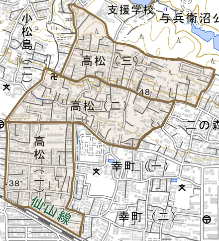 高松とその周辺の地図。町の範囲を重ねている