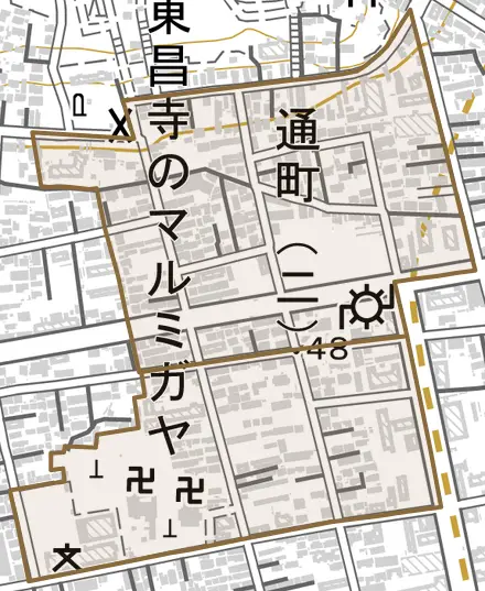 通町とその周辺の地図。町の範囲を重ねている