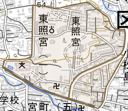 東照宮とその周辺の地図。町の範囲を重ねている