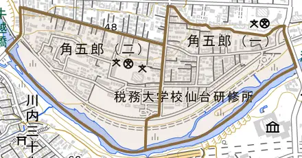 角五郎とその周辺の地図。町の範囲を重ねている