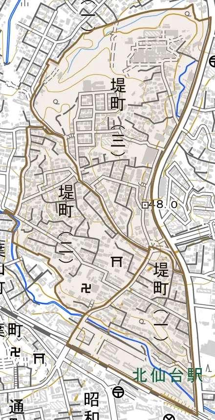 堤町とその周辺の地図。町の範囲を重ねている