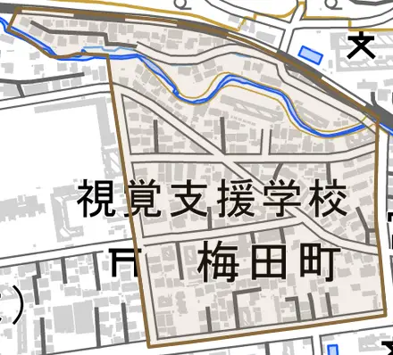 梅田町とその周辺の地図。町の範囲を重ねている