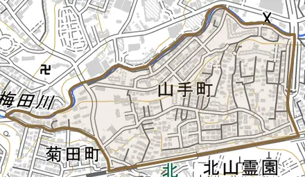 山手町とその周辺の地図。町の範囲を重ねている