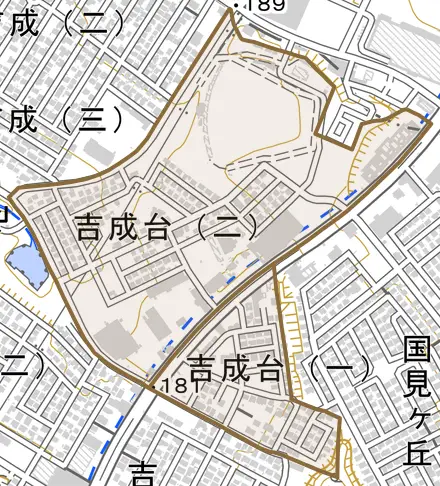 吉成台とその周辺の地図。町の範囲を重ねている