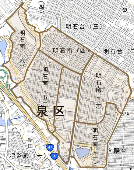明石南とその周辺の地図。町の範囲を重ねている