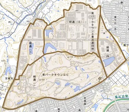 明通とその周辺の地図。町の範囲を重ねている