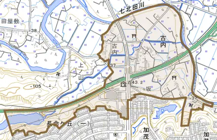 古内とその周辺の地図。町の範囲を重ねている