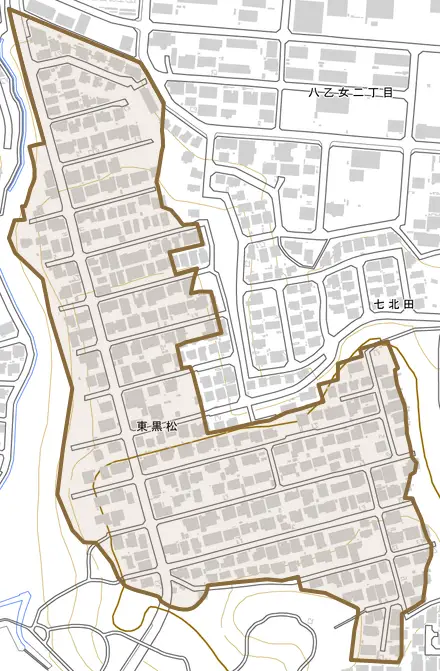 東黒松とその周辺の地図。町の範囲を重ねている