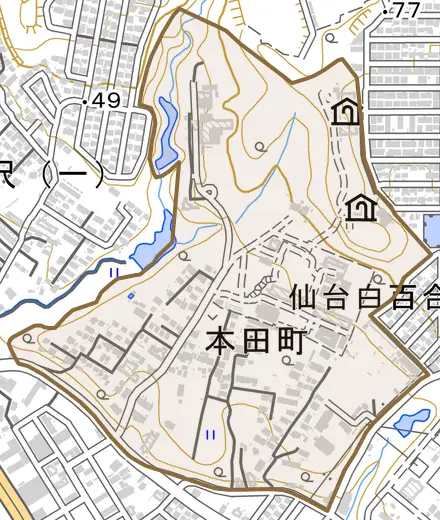 本田町とその周辺の地図。町の範囲を重ねている