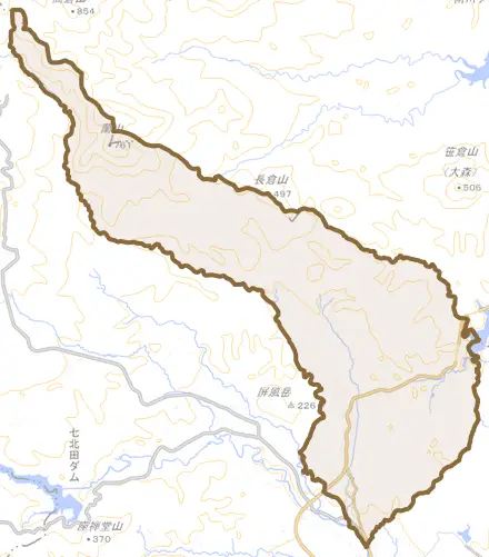 朴沢とその周辺の地図。町の範囲を重ねている