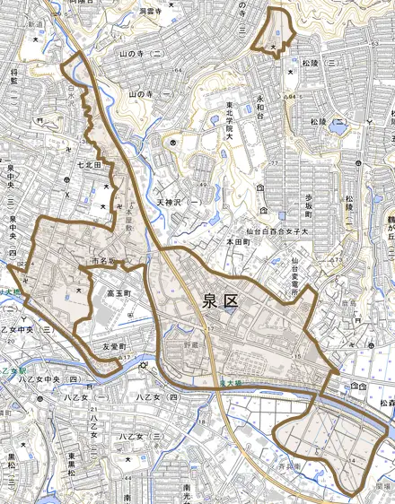市名坂とその周辺の地図。町の範囲を重ねている