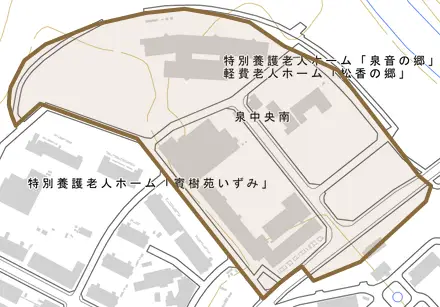 泉中央南とその周辺の地図。町の範囲を重ねている